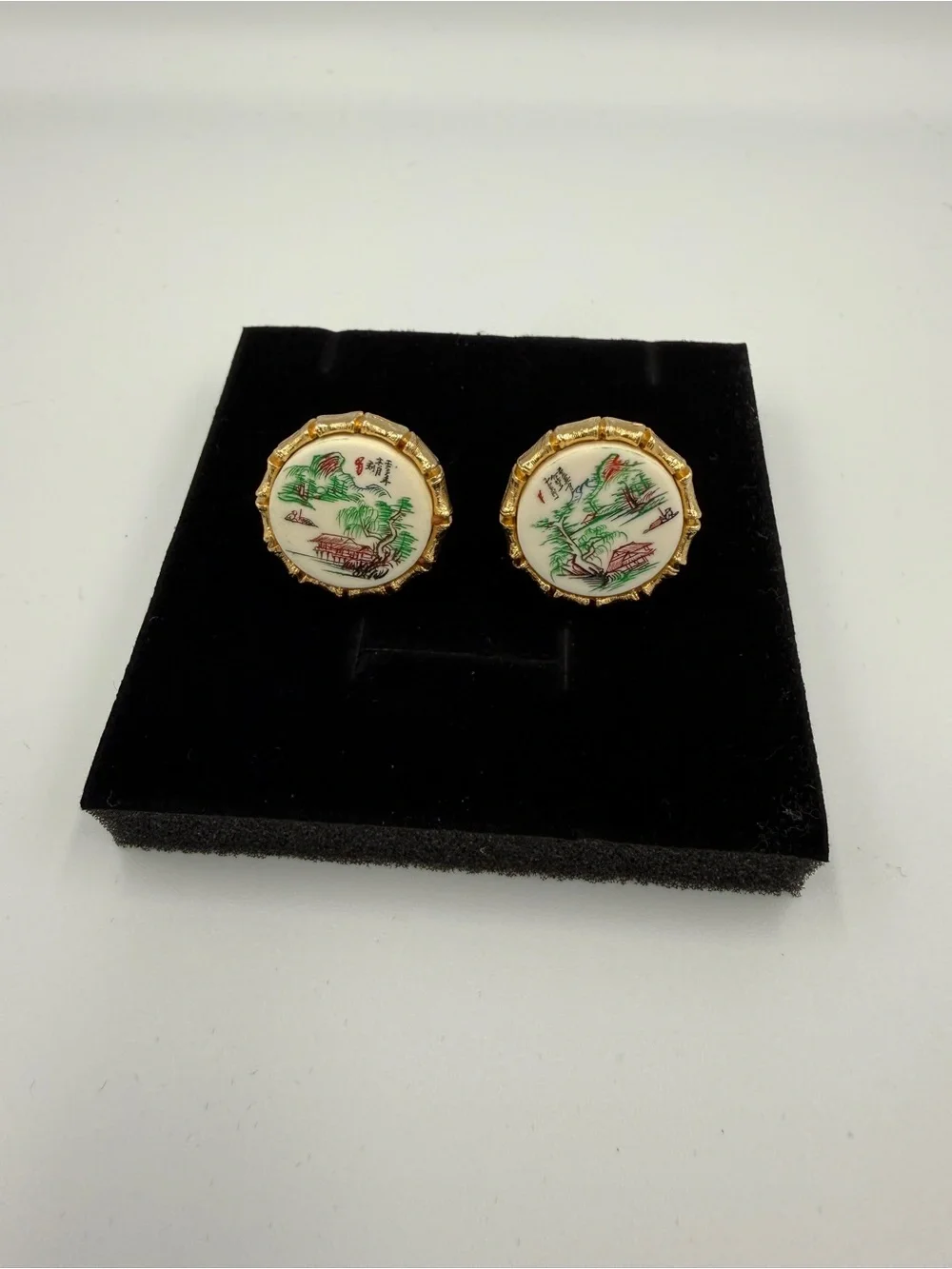 Gold-Tone Floral Enamel Cufflinks in Green and White - Men's Formal Accessory